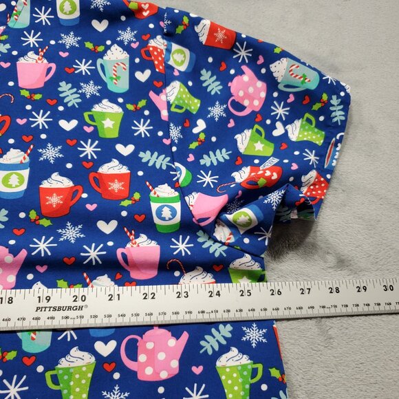 Cassandra O V-Neck Scrub Top Winter Hot Beverages Theme Blue 2 Pockets Wm Sz 2X - Picture 9 of 10